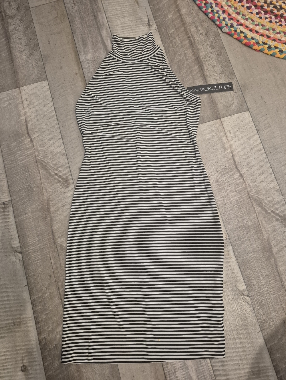 KamaliKulture Norma Kamali Midi Dress Poly Jersey Horizontal Stripe Open Back L